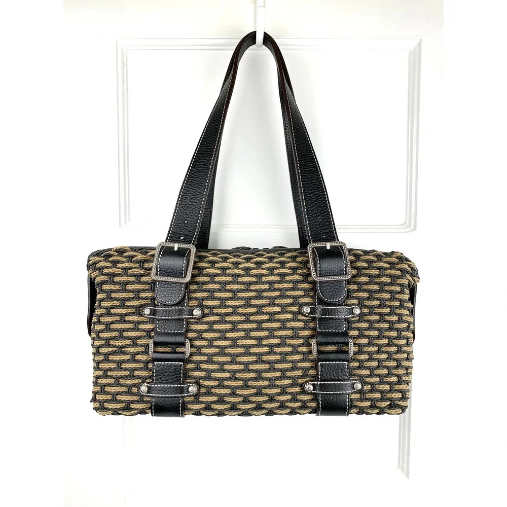 Brighton Woven Wicker Shoulder Bag Cord Straw Leather Brown Box Satchel OS
